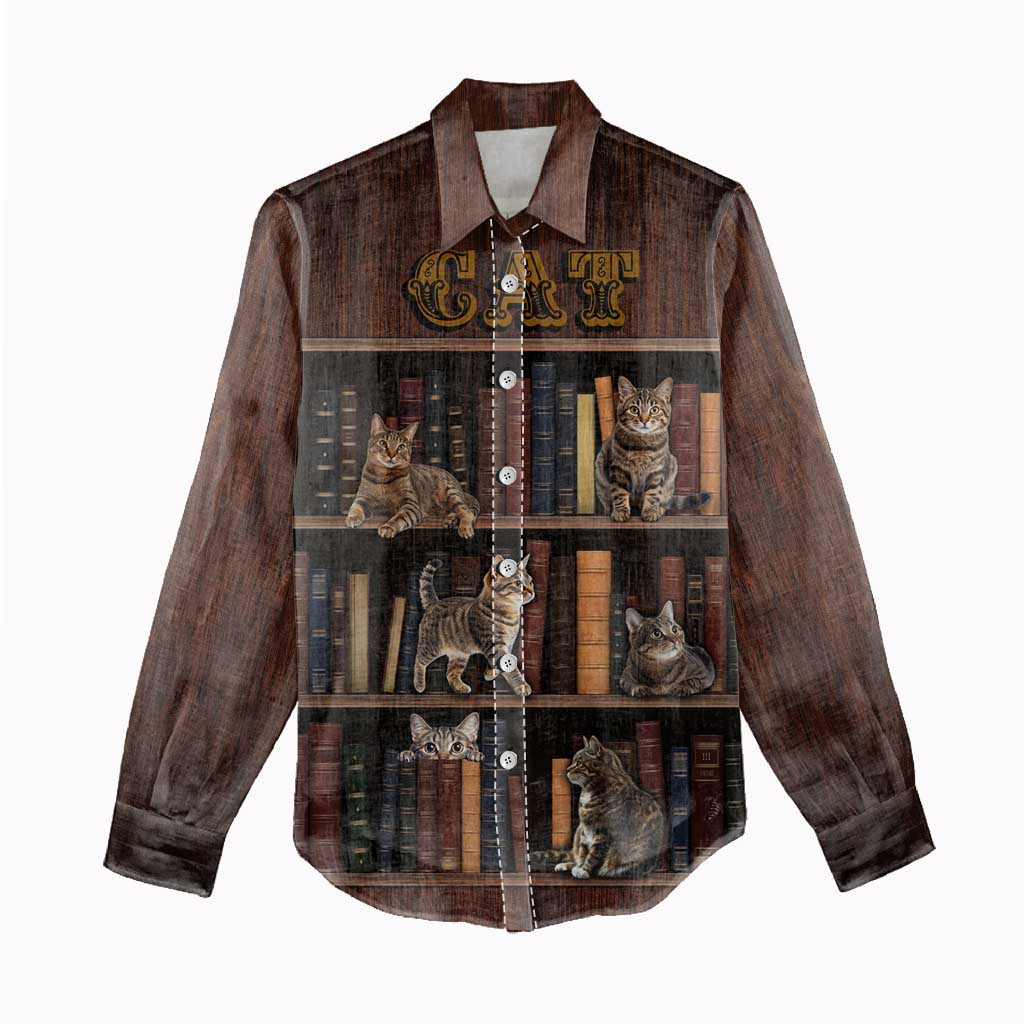 Cat Bookcase Christmas Women Casual Shirt Xmas Holiday Patterns - Wonder Print Shop
