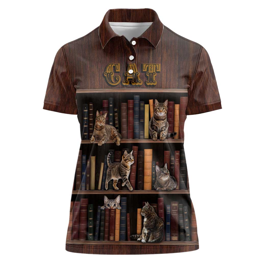 Cat Bookcase Christmas Women Polo Shirt Xmas Holiday Patterns - Wonder Print Shop
