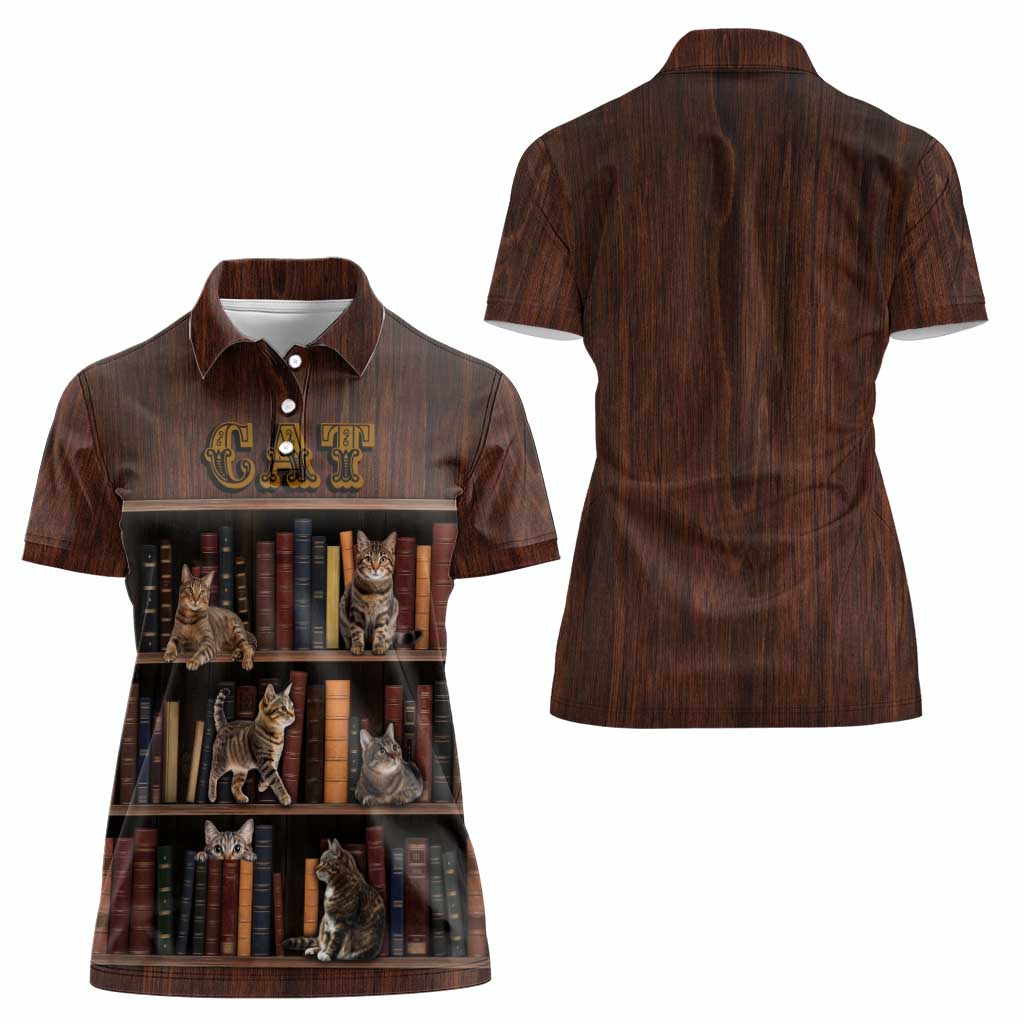 Cat Bookcase Christmas Women Polo Shirt Xmas Holiday Patterns - Wonder Print Shop