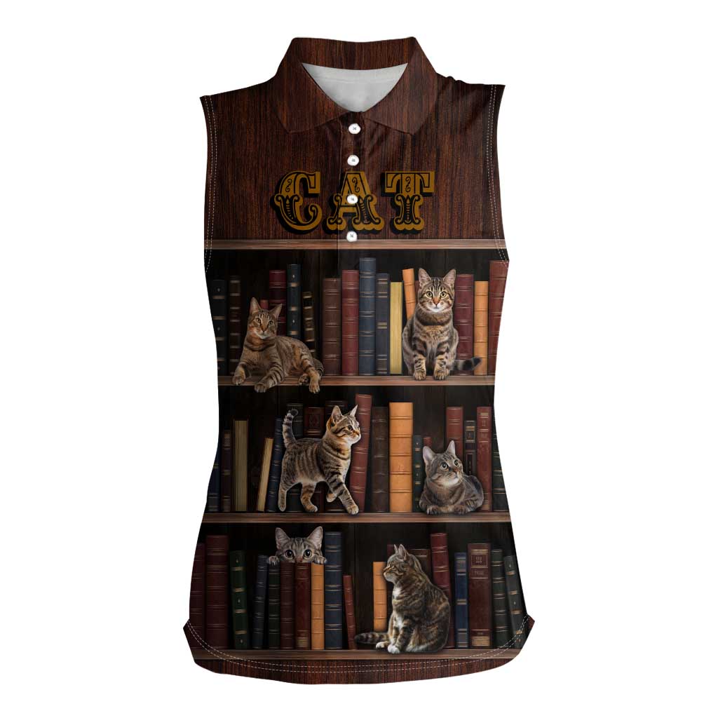 Cat Bookcase Christmas Women Sleeveless Polo Shirt Xmas Holiday Patterns - Wonder Print Shop
