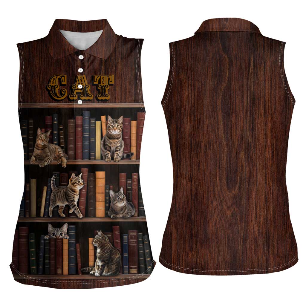 Cat Bookcase Christmas Women Sleeveless Polo Shirt Xmas Holiday Patterns - Wonder Print Shop