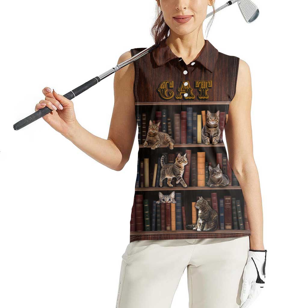 Cat Bookcase Christmas Women Sleeveless Polo Shirt Xmas Holiday Patterns - Wonder Print Shop