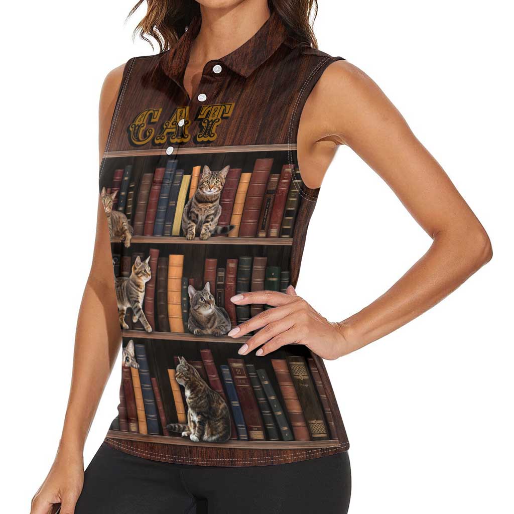 Cat Bookcase Christmas Women Sleeveless Polo Shirt Xmas Holiday Patterns - Wonder Print Shop
