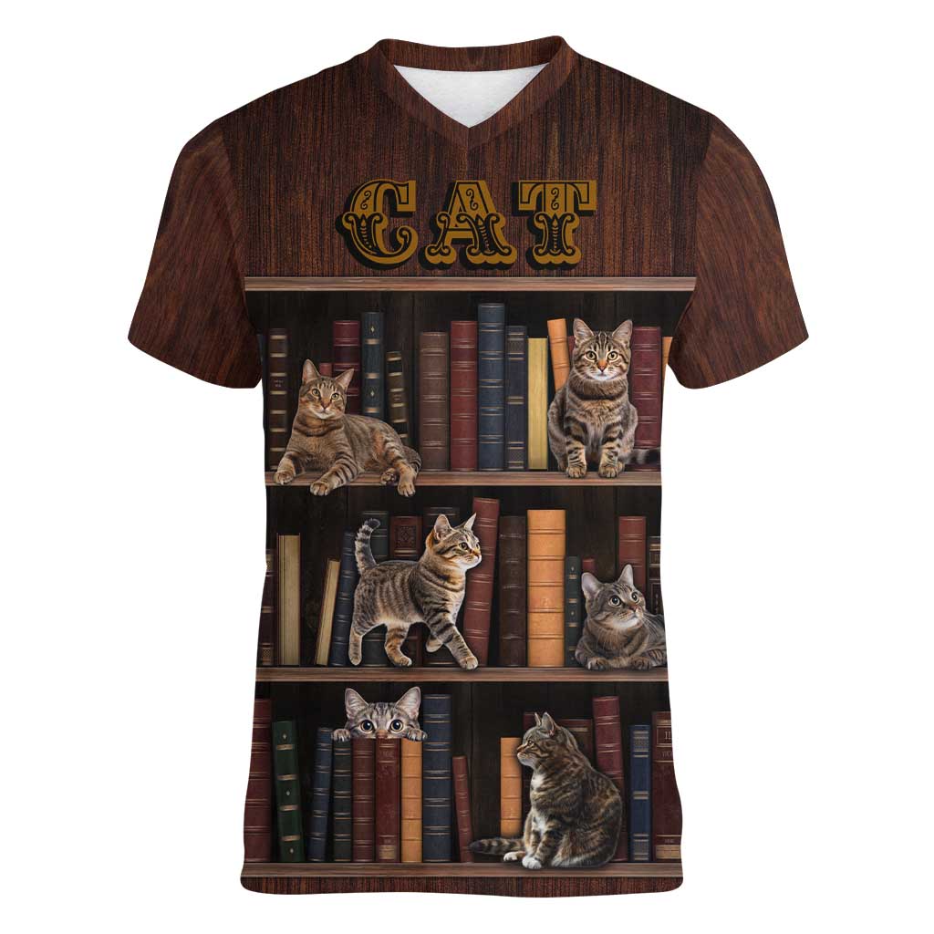 Cat Bookcase Christmas Women V-Neck T-Shirt Xmas Holiday Patterns - Wonder Print Shop