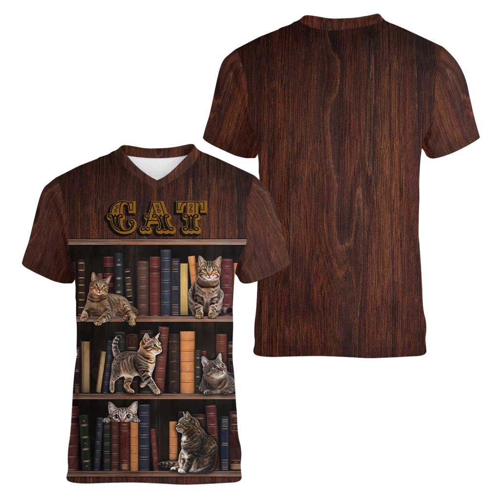 Cat Bookcase Christmas Women V-Neck T-Shirt Xmas Holiday Patterns - Wonder Print Shop