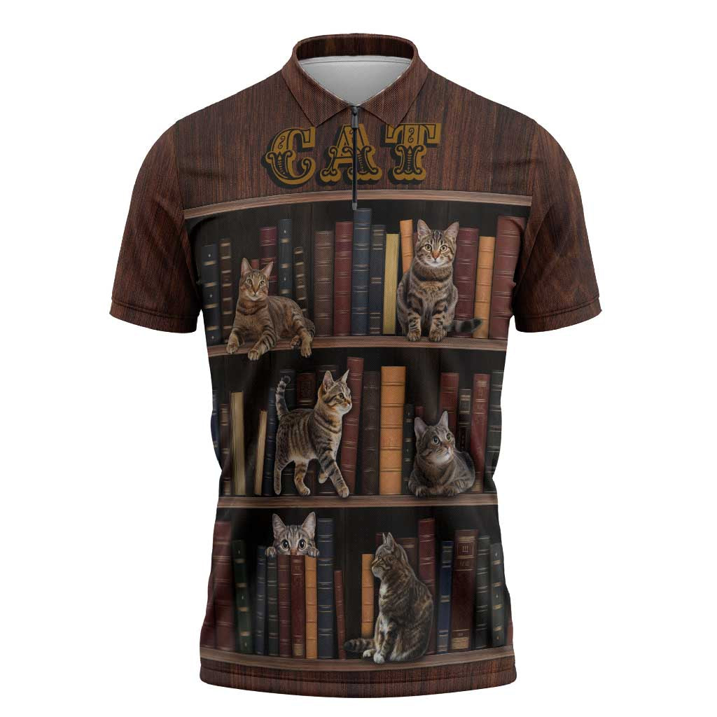 Cat Bookcase Christmas Zipper Polo Shirt Xmas Holiday Patterns - Wonder Print Shop
