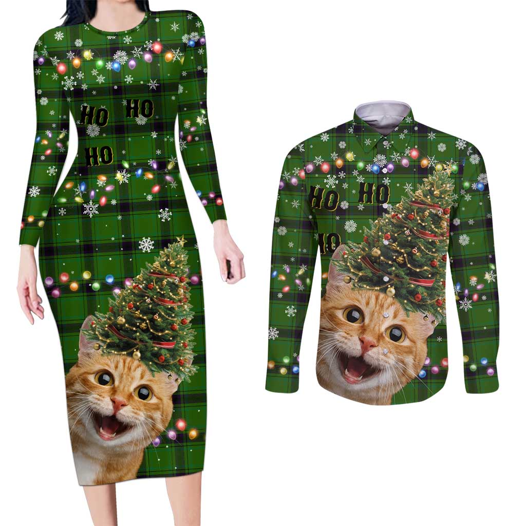 Cat Christmas Tree Couples Matching Long Sleeve Bodycon Dress and Long Sleeve Button Shirt Xmas Holiday Patterns - Wonder Print Shop