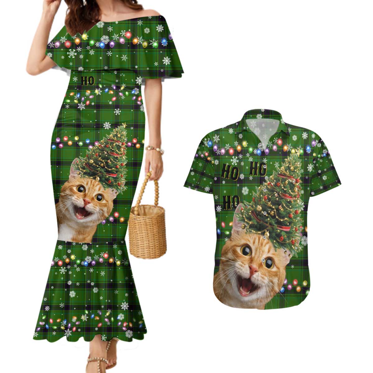 Cat Christmas Tree Couples Matching Mermaid Dress and Hawaiian Shirt Xmas Holiday Patterns - Wonder Print Shop