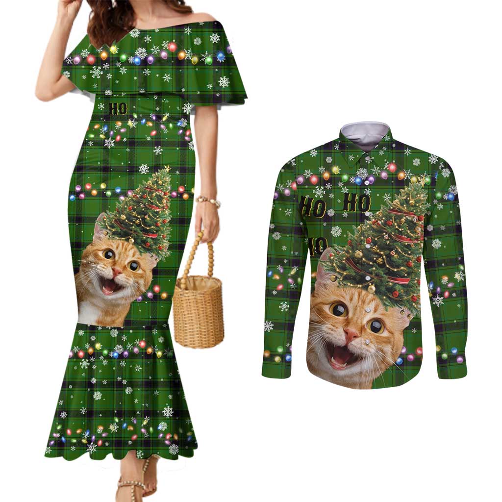 Cat Christmas Tree Couples Matching Mermaid Dress and Long Sleeve Button Shirt Xmas Holiday Patterns - Wonder Print Shop