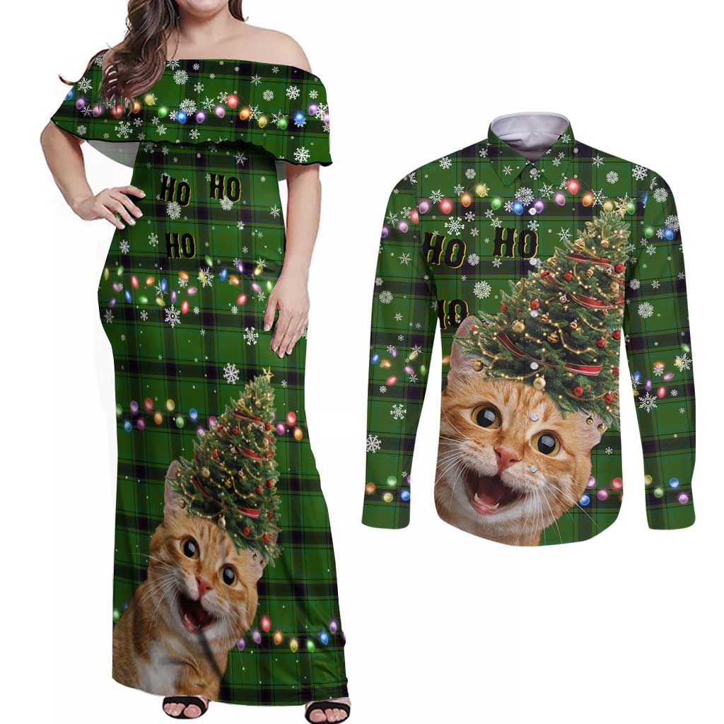 Cat Christmas Tree Couples Matching Off Shoulder Maxi Dress and Long Sleeve Button Shirt Xmas Holiday Patterns - Wonder Print Shop