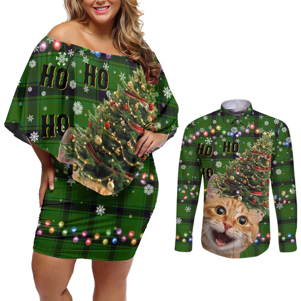 Cat Christmas Tree Couples Matching Off Shoulder Short Dress and Long Sleeve Button Shirt Xmas Holiday Patterns - Wonder Print Shop