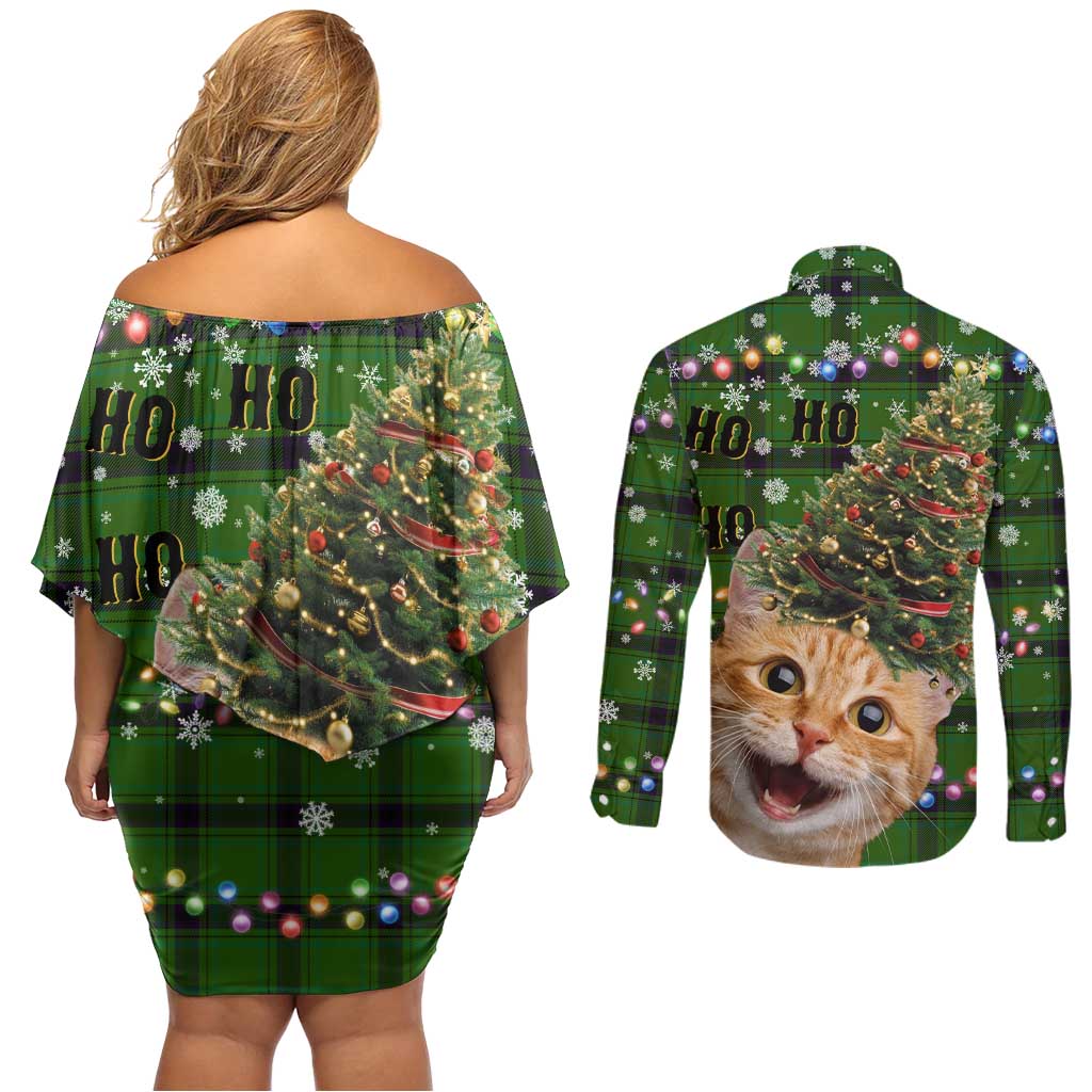 Cat Christmas Tree Couples Matching Off Shoulder Short Dress and Long Sleeve Button Shirt Xmas Holiday Patterns - Wonder Print Shop