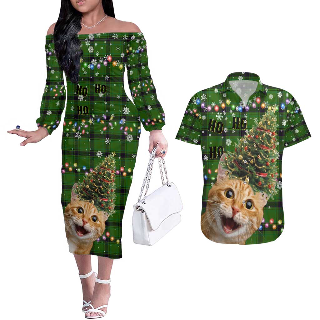 Cat Christmas Tree Couples Matching Off The Shoulder Long Sleeve Dress and Hawaiian Shirt Xmas Holiday Patterns - Wonder Print Shop