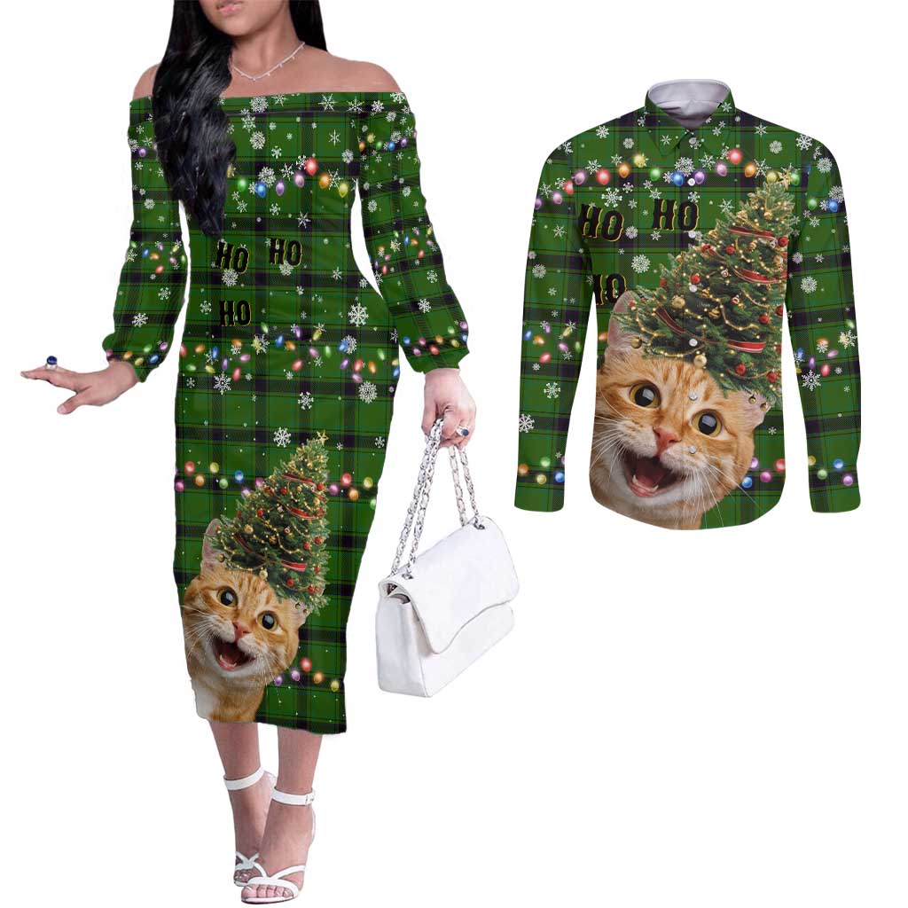 Cat Christmas Tree Couples Matching Off The Shoulder Long Sleeve Dress and Long Sleeve Button Shirt Xmas Holiday Patterns - Wonder Print Shop