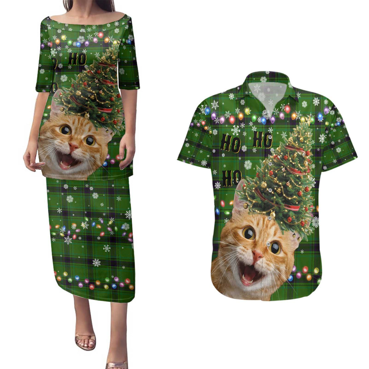 Cat Christmas Tree Couples Matching Puletasi and Hawaiian Shirt Xmas Holiday Patterns - Wonder Print Shop
