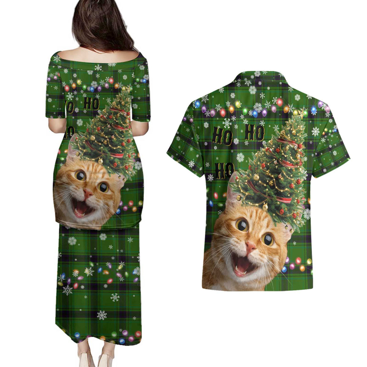 Cat Christmas Tree Couples Matching Puletasi and Hawaiian Shirt Xmas Holiday Patterns - Wonder Print Shop
