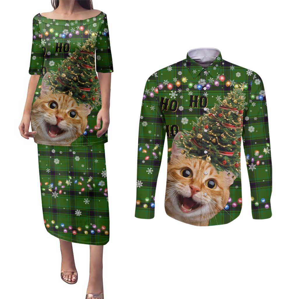Cat Christmas Tree Couples Matching Puletasi and Long Sleeve Button Shirt Xmas Holiday Patterns - Wonder Print Shop
