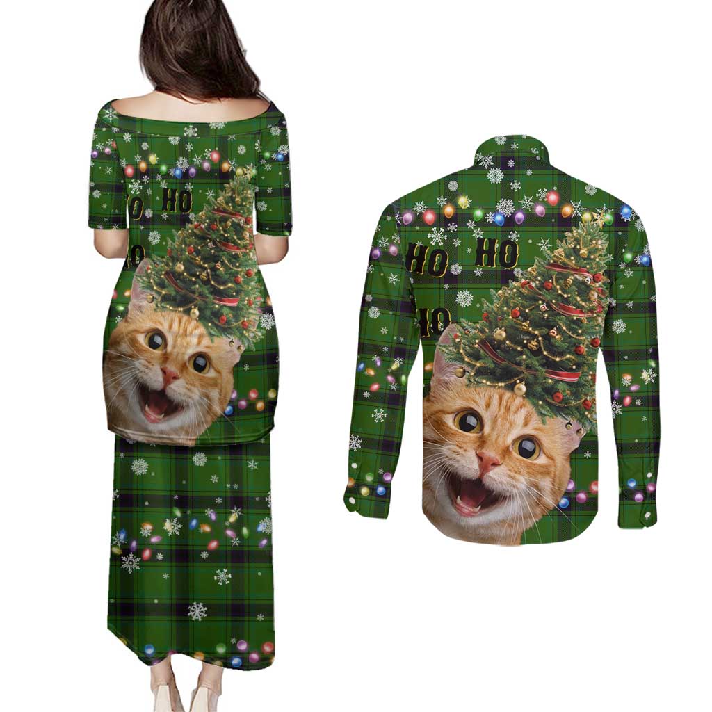 Cat Christmas Tree Couples Matching Puletasi and Long Sleeve Button Shirt Xmas Holiday Patterns - Wonder Print Shop