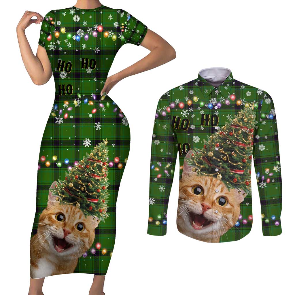 Cat Christmas Tree Couples Matching Short Sleeve Bodycon Dress and Long Sleeve Button Shirt Xmas Holiday Patterns - Wonder Print Shop