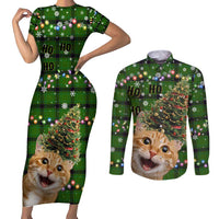Cat Christmas Tree Couples Matching Short Sleeve Bodycon Dress and Long Sleeve Button Shirt Xmas Holiday Patterns - Wonder Print Shop