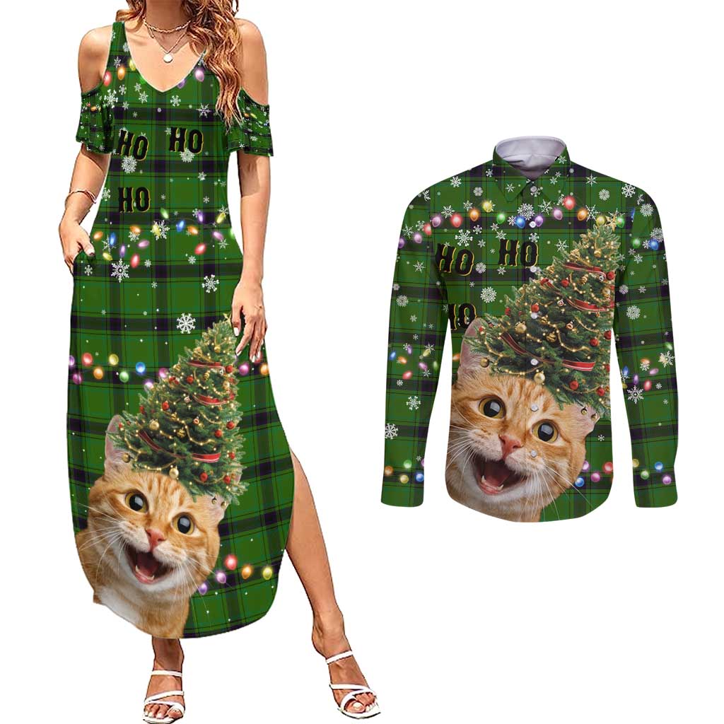 Cat Christmas Tree Couples Matching Summer Maxi Dress and Long Sleeve Button Shirt Xmas Holiday Patterns - Wonder Print Shop