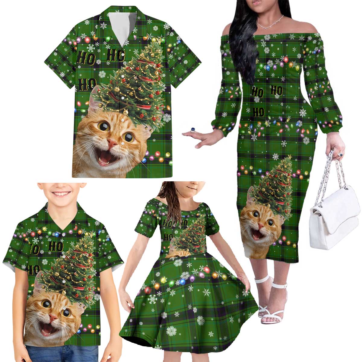 Cat Christmas Tree Family Matching Off The Shoulder Long Sleeve Dress and Hawaiian Shirt Xmas Holiday Patterns - Wonder Print Shop