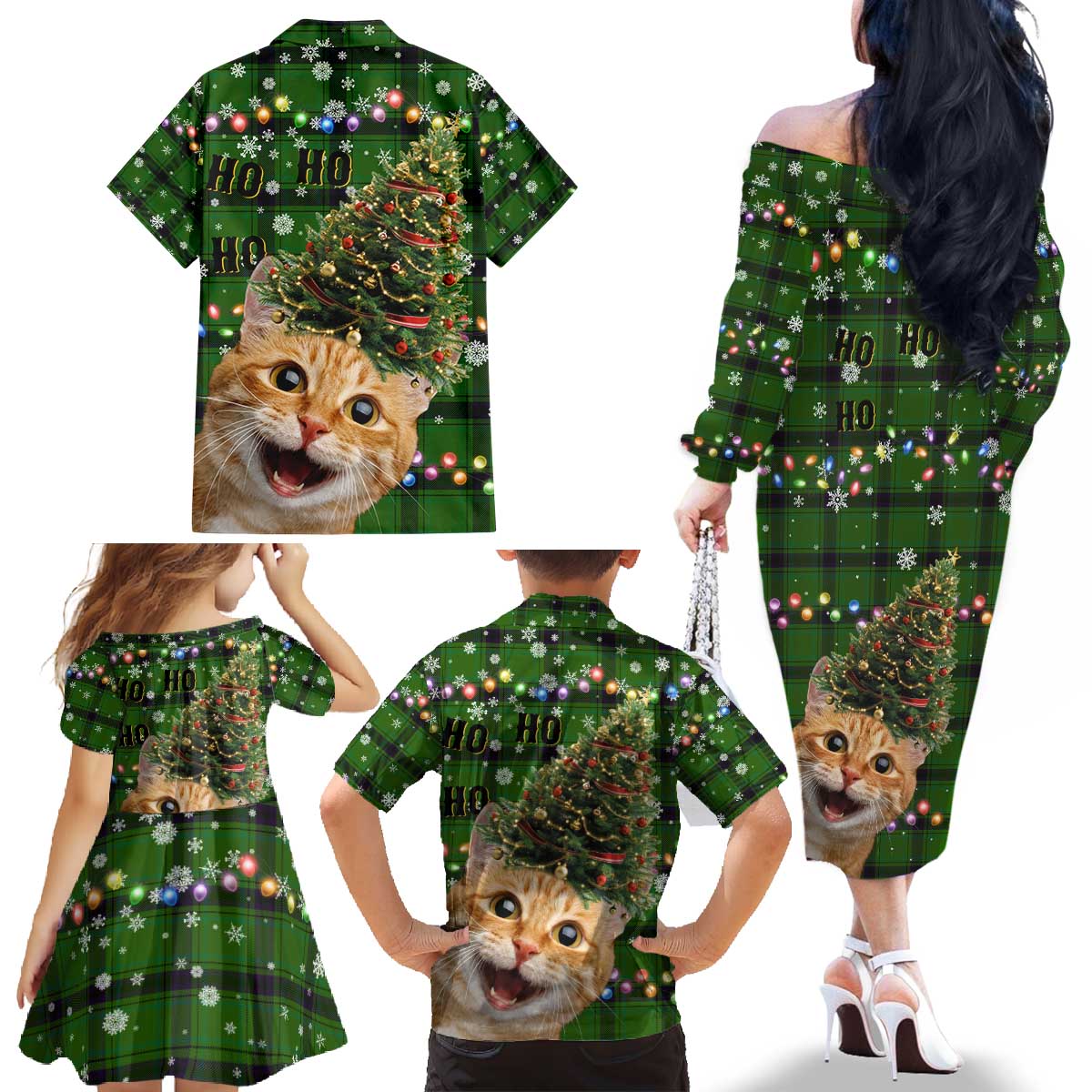 Cat Christmas Tree Family Matching Off The Shoulder Long Sleeve Dress and Hawaiian Shirt Xmas Holiday Patterns - Wonder Print Shop