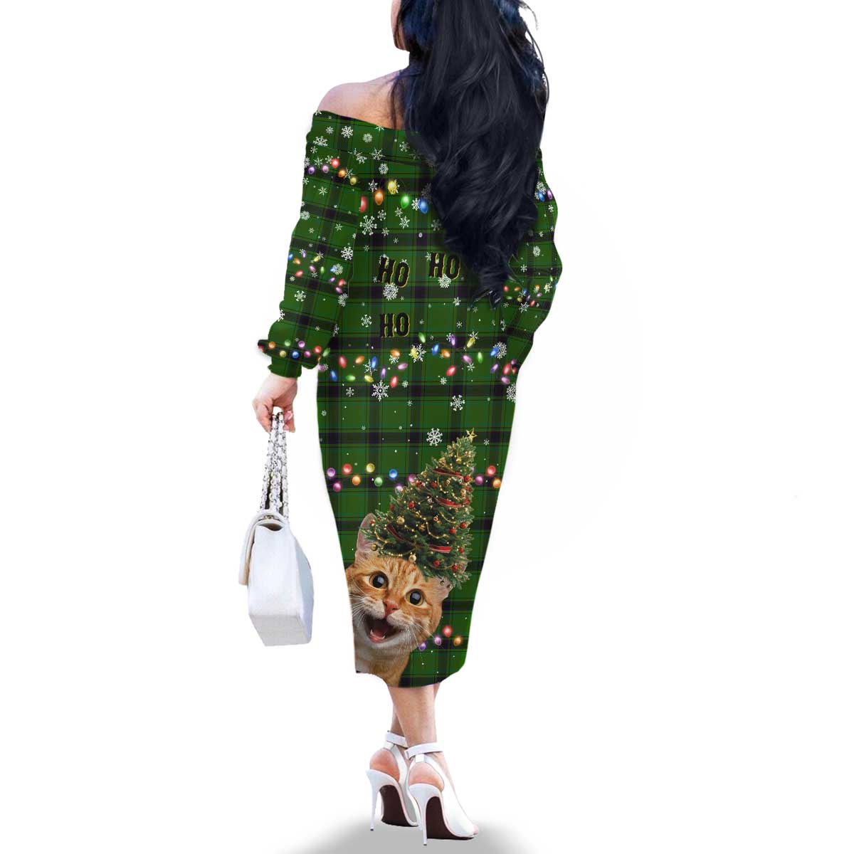 Cat Christmas Tree Family Matching Off The Shoulder Long Sleeve Dress and Hawaiian Shirt Xmas Holiday Patterns - Wonder Print Shop