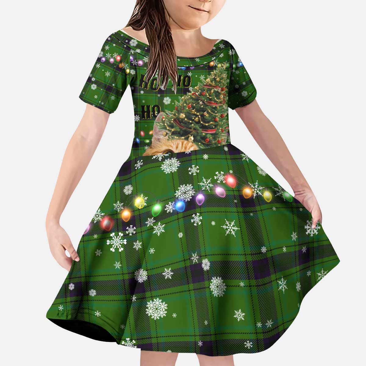 Cat Christmas Tree Kid Short Sleeve Dress Xmas Holiday Patterns - Wonder Print Shop