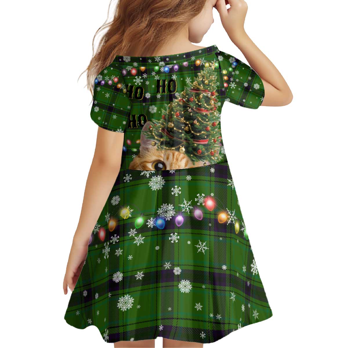 Cat Christmas Tree Kid Short Sleeve Dress Xmas Holiday Patterns - Wonder Print Shop