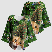 Cat Christmas Tree Kimono Sleeve Blouse Xmas Holiday Patterns - Wonder Print Shop