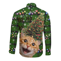 Cat Christmas Tree Long Sleeve Button Shirt Xmas Holiday Patterns - Wonder Print Shop