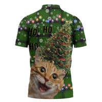 Cat Christmas Tree Zipper Polo Shirt Xmas Holiday Patterns - Wonder Print Shop