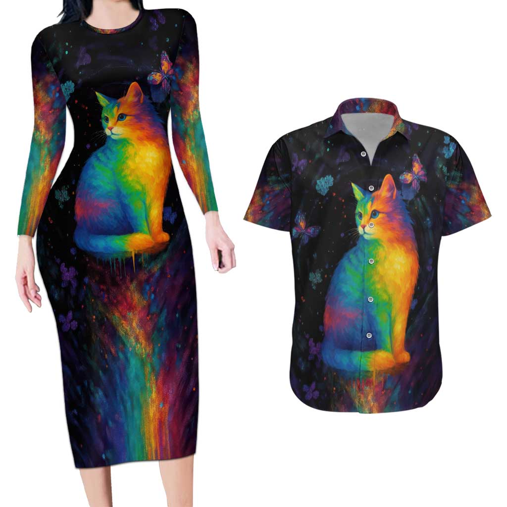 Cat Colorful Christmas Couples Matching Long Sleeve Bodycon Dress and Hawaiian Shirt Xmas Holiday Patterns - Wonder Print Shop