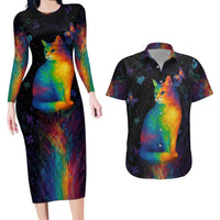Cat Colorful Christmas Couples Matching Long Sleeve Bodycon Dress and Hawaiian Shirt Xmas Holiday Patterns - Wonder Print Shop