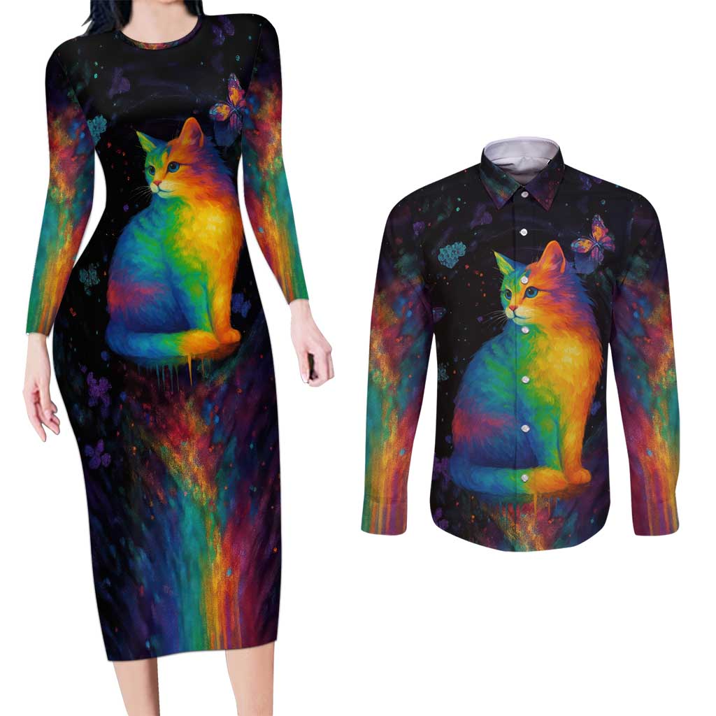 Cat Colorful Christmas Couples Matching Long Sleeve Bodycon Dress and Long Sleeve Button Shirt Xmas Holiday Patterns - Wonder Print Shop