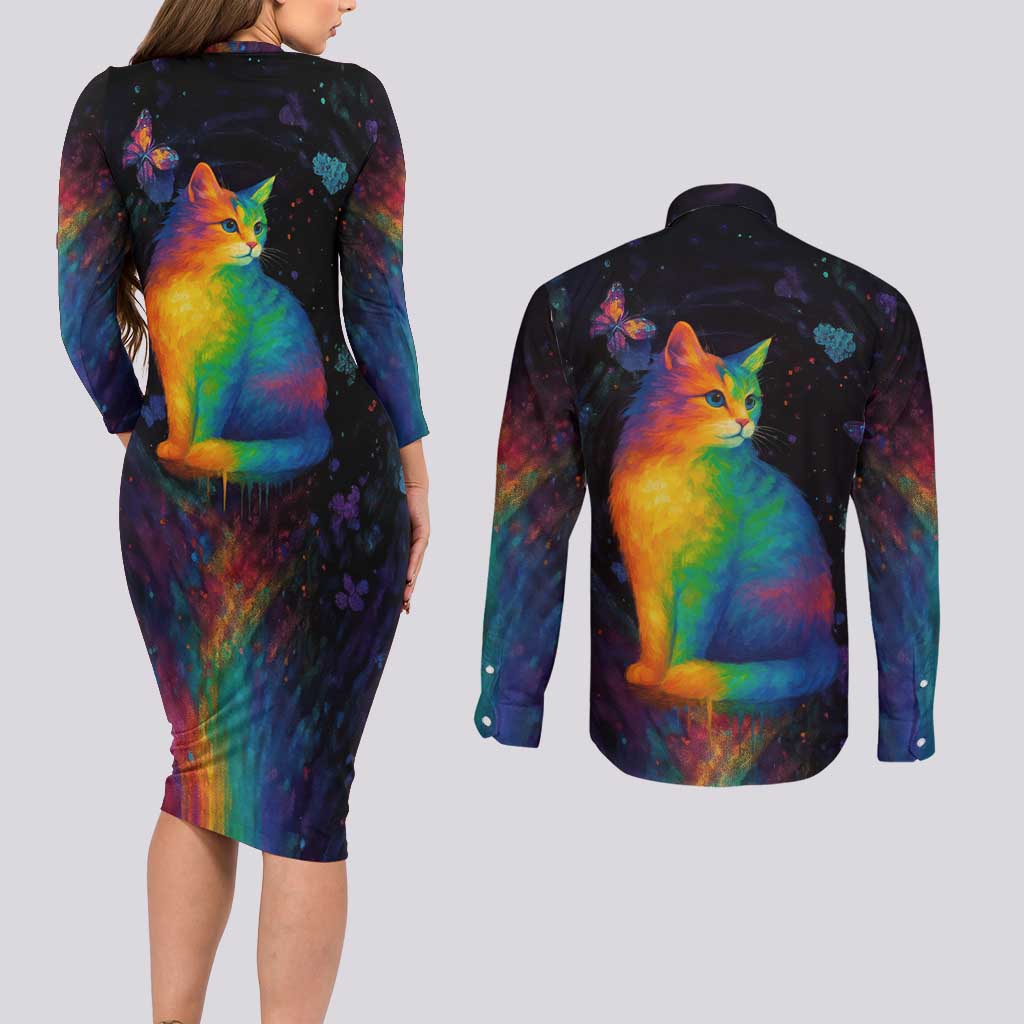 Cat Colorful Christmas Couples Matching Long Sleeve Bodycon Dress and Long Sleeve Button Shirt Xmas Holiday Patterns - Wonder Print Shop