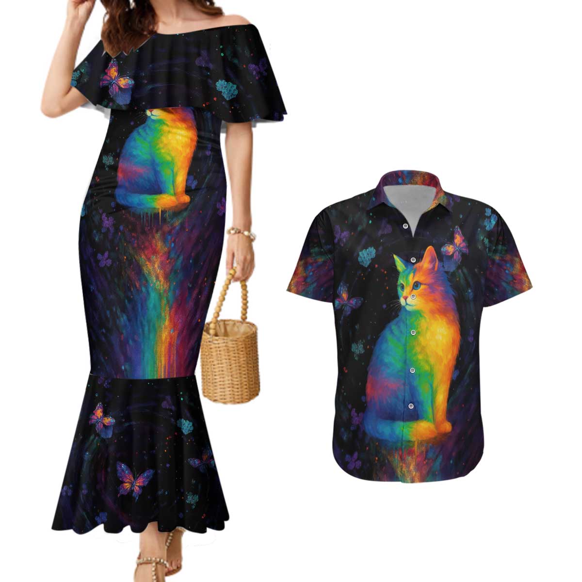 Cat Colorful Christmas Couples Matching Mermaid Dress and Hawaiian Shirt Xmas Holiday Patterns - Wonder Print Shop