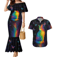 Cat Colorful Christmas Couples Matching Mermaid Dress and Hawaiian Shirt Xmas Holiday Patterns - Wonder Print Shop
