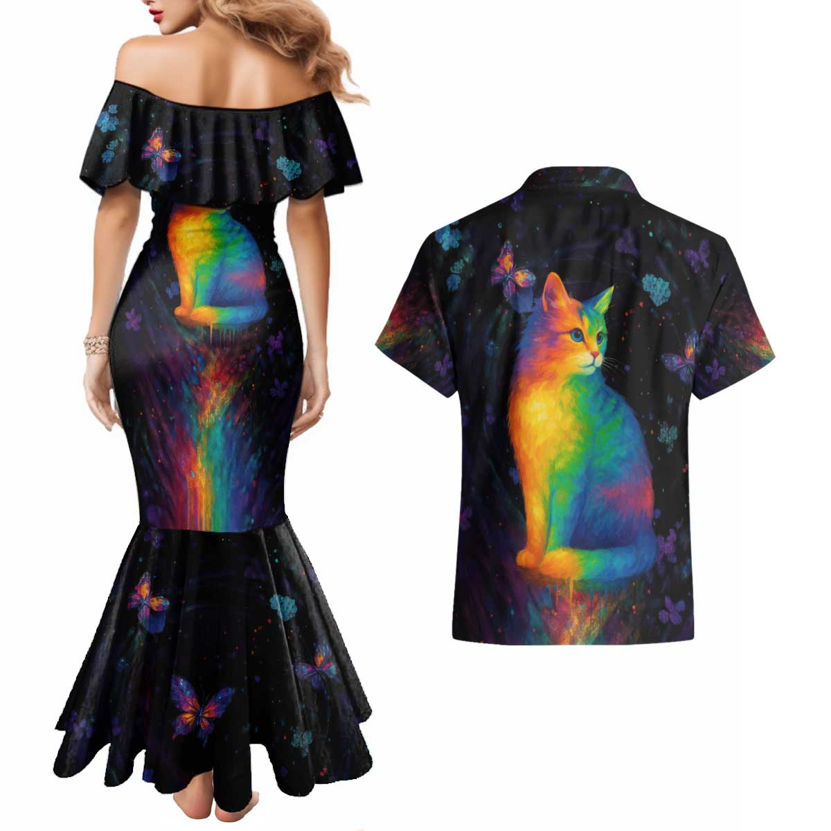 Cat Colorful Christmas Couples Matching Mermaid Dress and Hawaiian Shirt Xmas Holiday Patterns - Wonder Print Shop