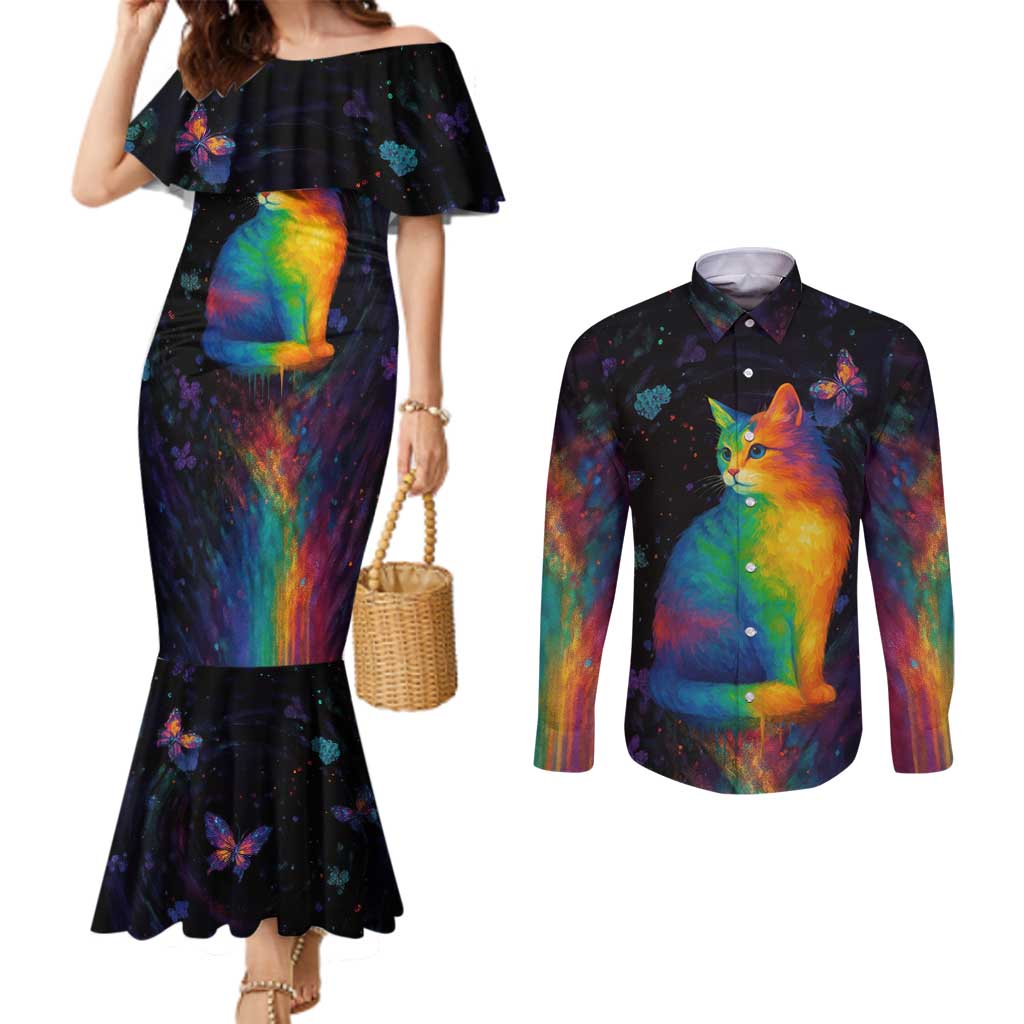 Cat Colorful Christmas Couples Matching Mermaid Dress and Long Sleeve Button Shirt Xmas Holiday Patterns - Wonder Print Shop