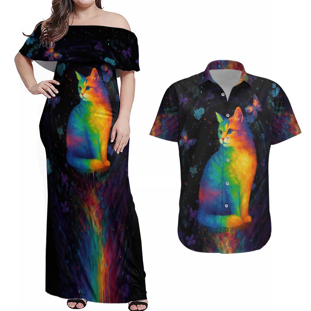 Cat Colorful Christmas Couples Matching Off Shoulder Maxi Dress and Hawaiian Shirt Xmas Holiday Patterns - Wonder Print Shop
