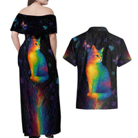 Cat Colorful Christmas Couples Matching Off Shoulder Maxi Dress and Hawaiian Shirt Xmas Holiday Patterns - Wonder Print Shop