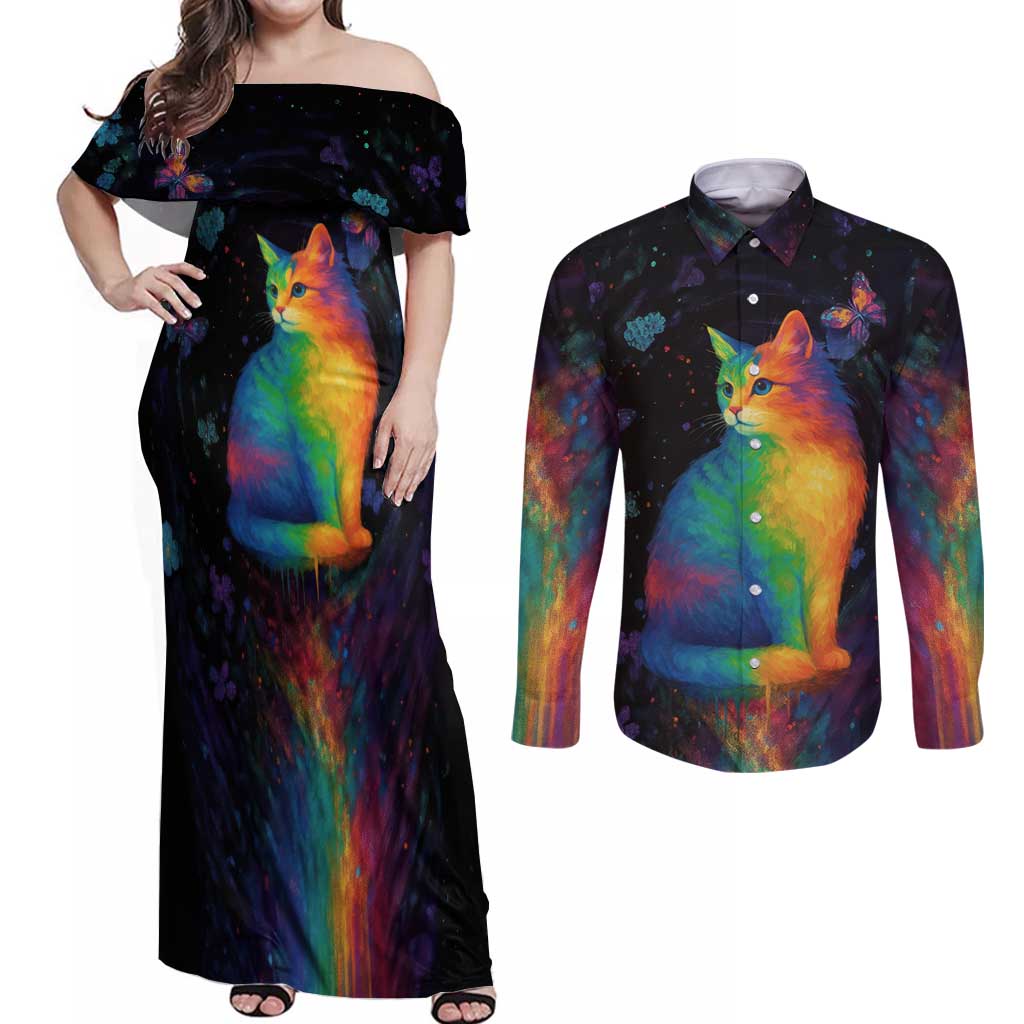 Cat Colorful Christmas Couples Matching Off Shoulder Maxi Dress and Long Sleeve Button Shirt Xmas Holiday Patterns - Wonder Print Shop