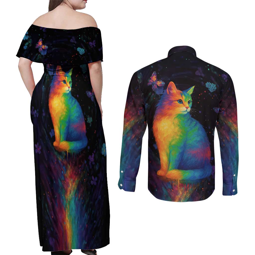 Cat Colorful Christmas Couples Matching Off Shoulder Maxi Dress and Long Sleeve Button Shirt Xmas Holiday Patterns - Wonder Print Shop