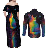 Cat Colorful Christmas Couples Matching Off Shoulder Maxi Dress and Long Sleeve Button Shirt Xmas Holiday Patterns - Wonder Print Shop