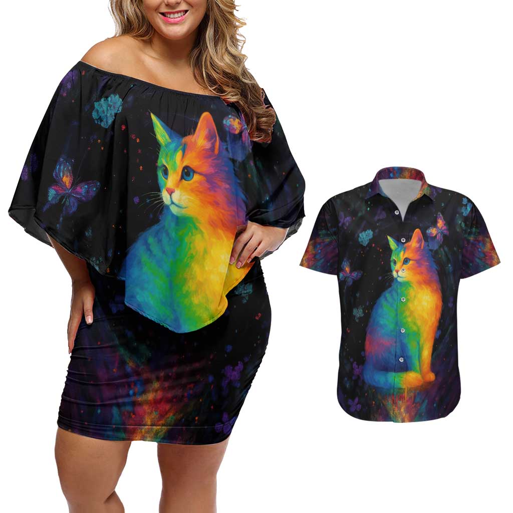 Cat Colorful Christmas Couples Matching Off Shoulder Short Dress and Hawaiian Shirt Xmas Holiday Patterns - Wonder Print Shop
