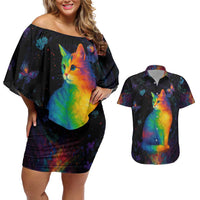 Cat Colorful Christmas Couples Matching Off Shoulder Short Dress and Hawaiian Shirt Xmas Holiday Patterns - Wonder Print Shop