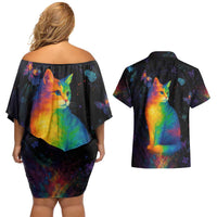 Cat Colorful Christmas Couples Matching Off Shoulder Short Dress and Hawaiian Shirt Xmas Holiday Patterns - Wonder Print Shop
