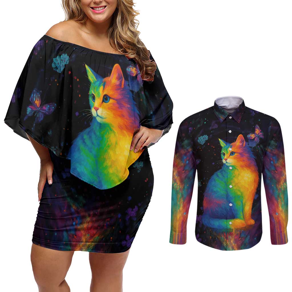 Cat Colorful Christmas Couples Matching Off Shoulder Short Dress and Long Sleeve Button Shirt Xmas Holiday Patterns - Wonder Print Shop